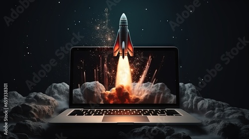 Startup concept with rocket flying out of laptop screen on black background. Topview, 3D Rendering