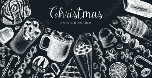 Christmas food background. Christmas market design template. Hand-drawn vector illustration. Hot drinks, candies, cookies, pastries sketches. Winter holiday menu. Sweet food vintage banner