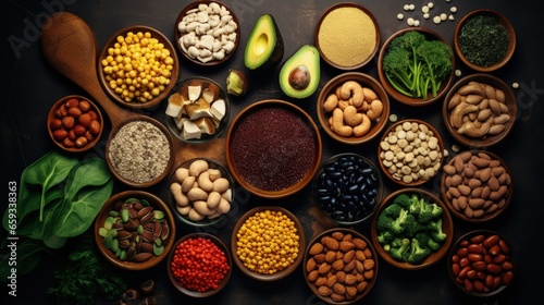 Top view of alternative sources of plant proteins for Vegan, Plant-based, Vegetarian diet such as tofu, nuts, tempeh, nutritional yeast etc. Which higher in fiber and less fat than animal protein.