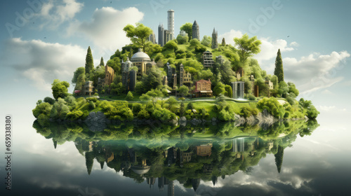 Fantasy island with green trees and modern buildings. 3d rendering © AS Photo Family