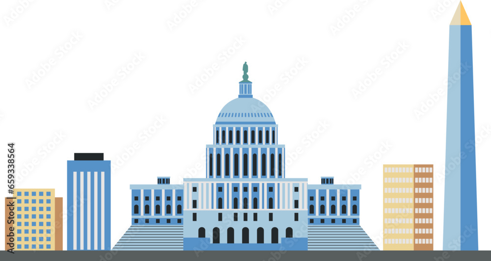 Simple colorful flat drawing of the American landmark city skyline panorama of WASHINGTON, UNITED STATES OF AMERICA