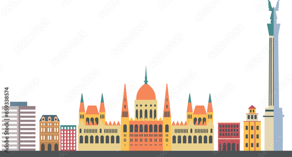 Simple colorful flat drawing of the Hungarian landmark city skyline panorama of BUDAPEST, HUNGARY