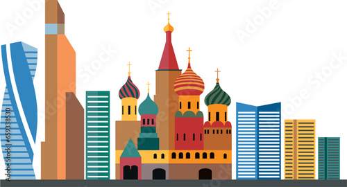 Simple colorful flat drawing of the Russian landmark city skyline panorama of MOSCOW, RUSSIA