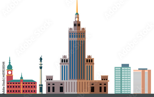 Simple colorful flat drawing of the Polish landmark city skyline panorama of WARSAW  POLAND