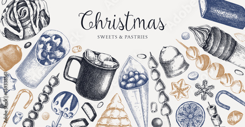 Christmas food background. Christmas market design template. Hand-drawn vector illustration. Hot drinks, candies, cookies, pastries sketches. Winter holiday menu. Sweet food vintage banner