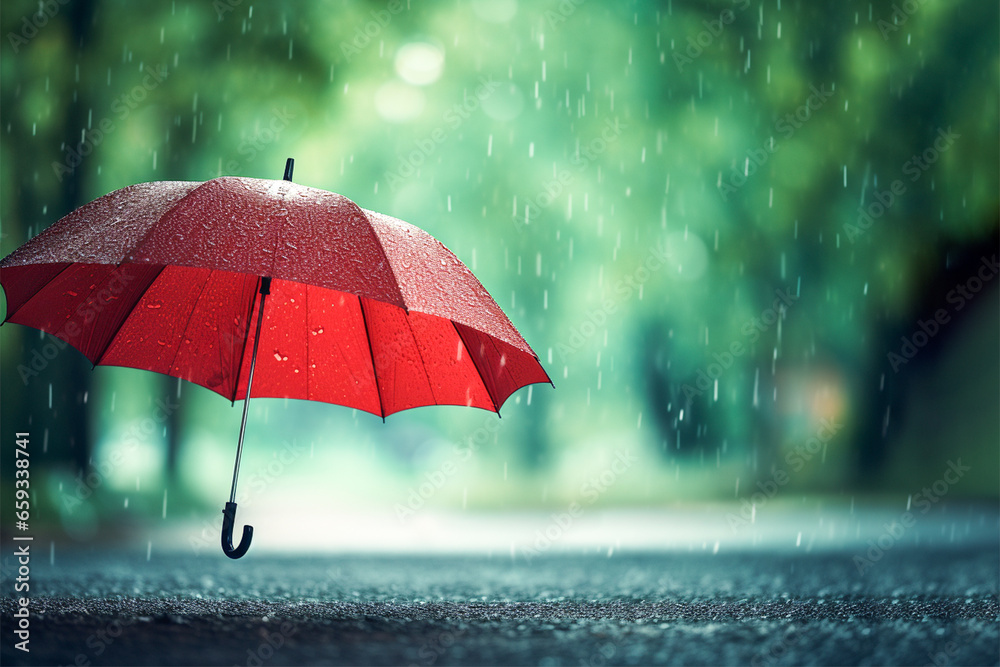 Red umbrella in the rain, copy space. Weather and insurance or protection concept
