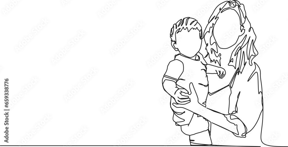 Fototapeta premium continuous single line drawing of mother holding toddler on arm, line art vector illustration