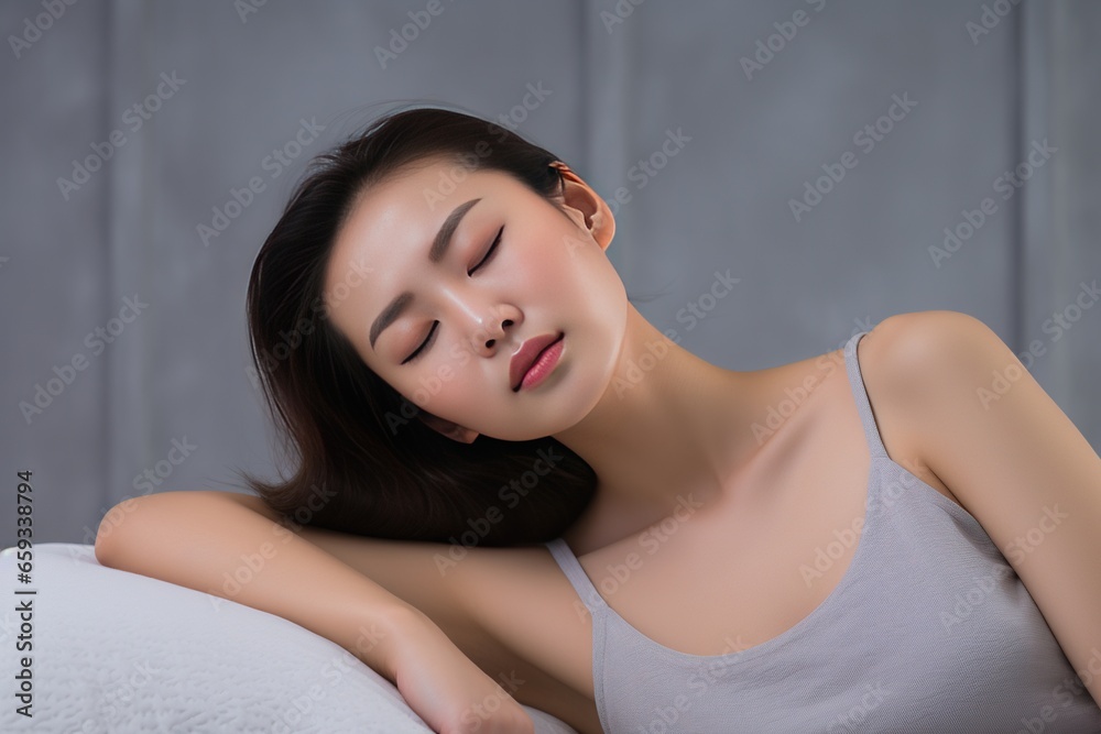 Beautiful asian woman sleeping on the bed in the bedroom.