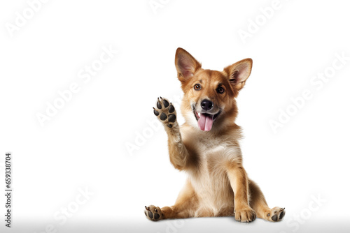 Dog saying hello with paw. On white background, copy space