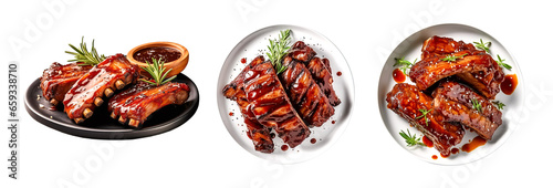 set pork ribs grilled with BBQ sauce on plate  cut out isolated on transparent background