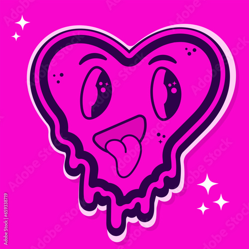 a bright pink sticker with a heart with smudges and a protruding tongue