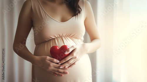 Pregnant woman holding a red heart shape on her belly. Copy space photo