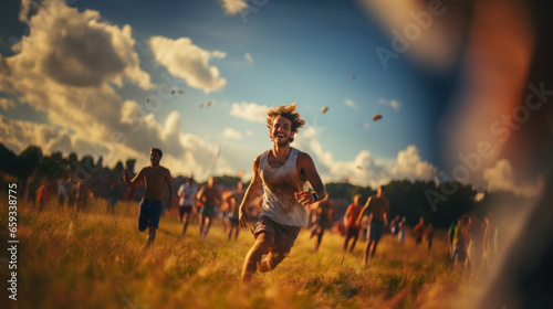 Young man running on the field at festival party. People having fun outdoors.