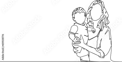 continuous single line drawing of mother holding toddler on arm, line art vector illustration