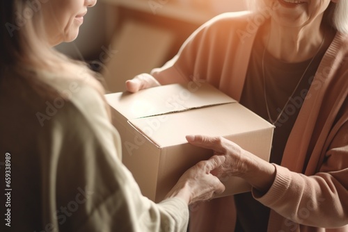 A woman handing a cardboard box to someone, concept of gift © RealPeopleStudio