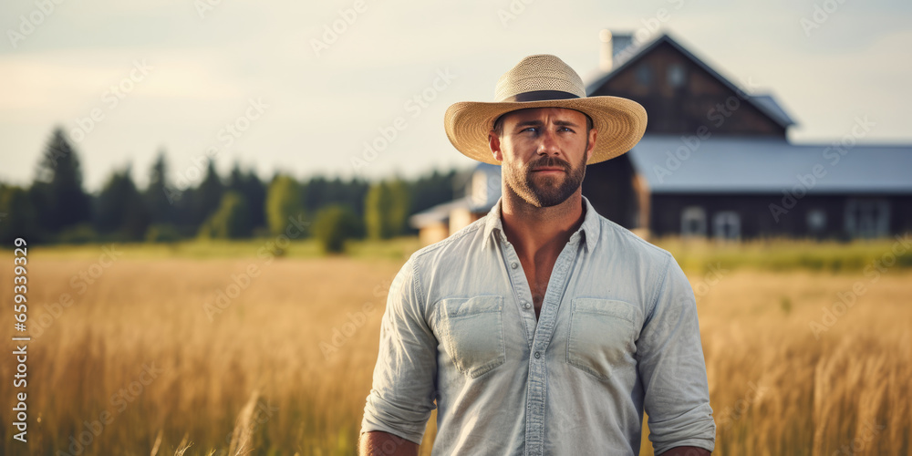 Adult white American farmer man in hat is standing in the agricultural field with building that is far Adult white American farmer man in hat is standing in the agricultural field with building that is far