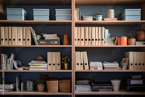 A Neat and Tidy Cabinet with Folders, Notebooks, and Stationery © Ployker