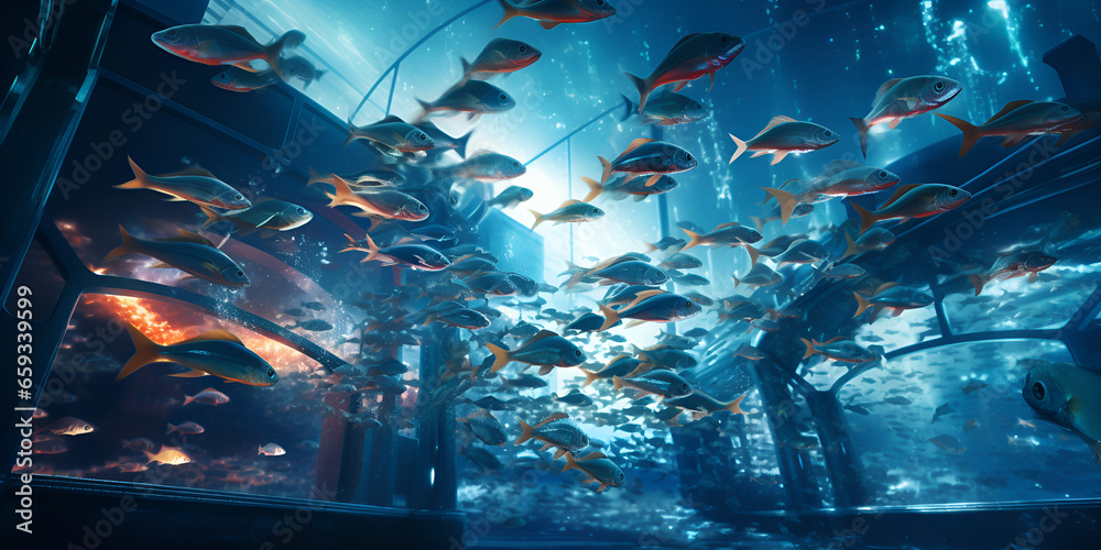 3D rendering of a mesmerizing school of fish in a futuristic, otherworldly aquarium environment - obrazy, fototapety, plakaty 