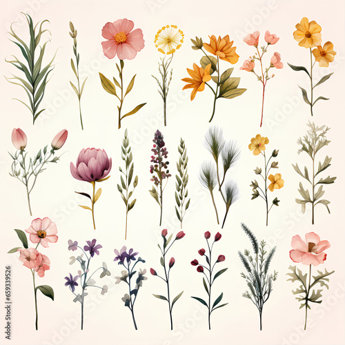 Watercolor Floral Clipart, Wild Flowers, Minimalist Flowers Watercolor, Ikebana Clipart, Separated design, 8k © Leokensiro