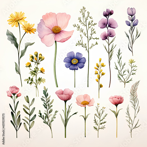 Watercolor Floral Clipart, Wild Flowers, Minimalist Flowers Watercolor, Ikebana Clipart, Separated design, 8k