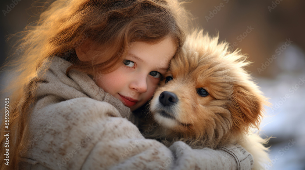 A heartwarming embrace of a fluffy friend by female. Cute dog in little girl hands A heartwarming embrace of a fluffy friend by female. Cute dog in little girl hands