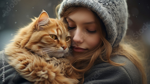Cute cat. A heartwarming embrace of a fluffy friend by woman
