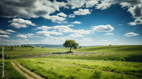 Beautiful summer landscape with a lonely tree in the middle of the field.