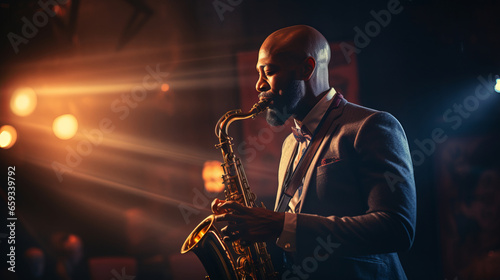 Black jazz musician in formal clothes is playing soulful melody on a sax indoors