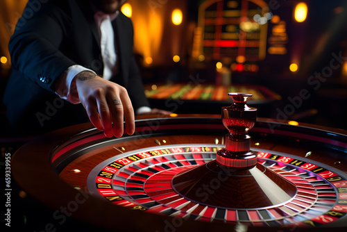 Roulette Excitement. A Croupier Spinning the Roulette Wheel