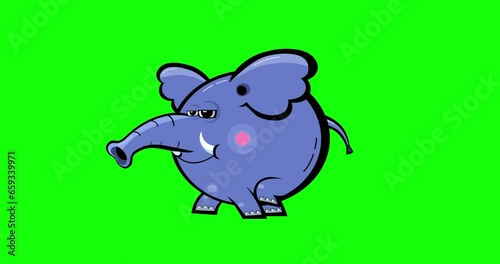 Cartoon blue elephant animation black outline walking in place greenbox. Animated character isolated. Good for any material for kids, adverts, etc...