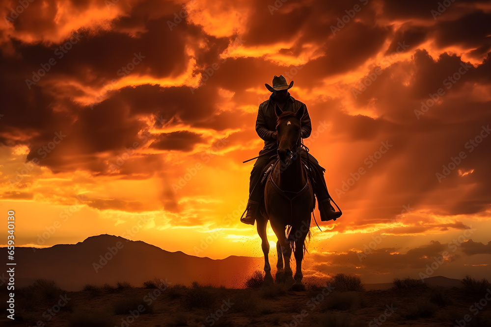 Riding into the Sunset. A Cowboy on Horseback Against a Fiery Western Sky