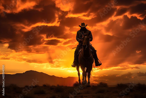 Riding into the Sunset. A Cowboy on Horseback Against a Fiery Western Sky