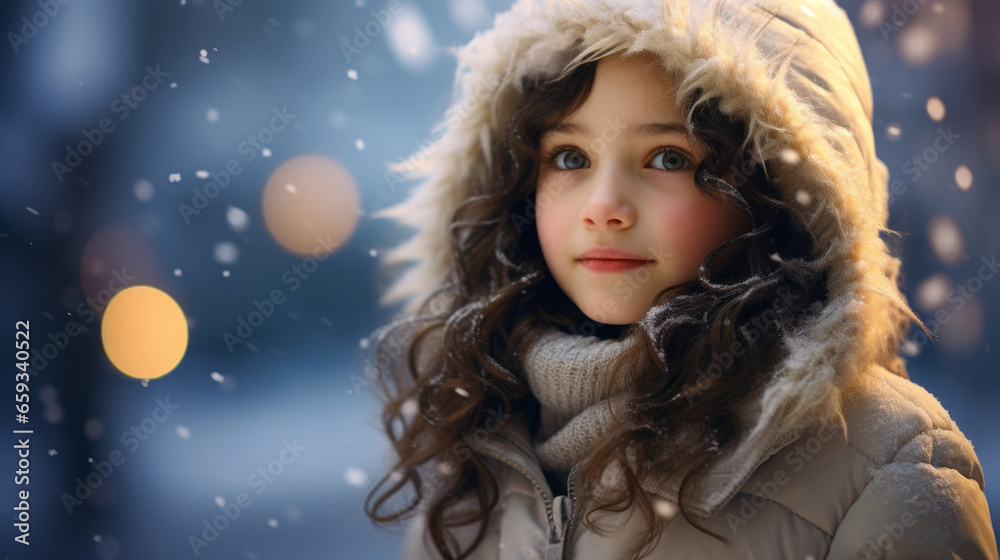 Young girl watching with wonder at first snow Young girl watching with wonder at first snow
