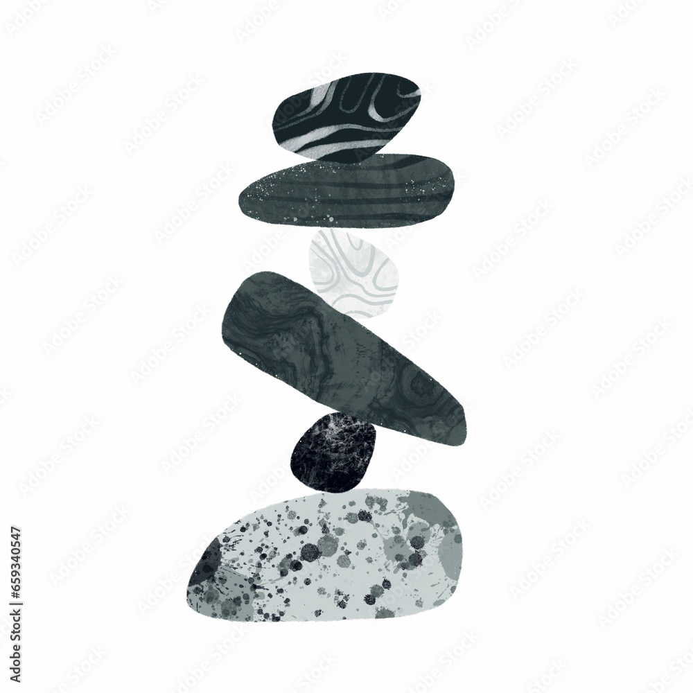 Stone Balance. Pyramid of pebbles. Various shapes, textures. Wellness, meditation, calm, balance, yoga, zen, harmony concept. Hand drawn abstract illustration. Poster, print, logo, design template Stone Balance. Pyramid of pebbles. Various shapes, textures. Wellness, meditation, calm, balance, yoga, zen, harmony concept. Hand drawn abstract illustration. Poster, print, logo, design template