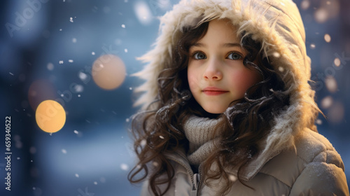 Young girl watching with wonder at first snow