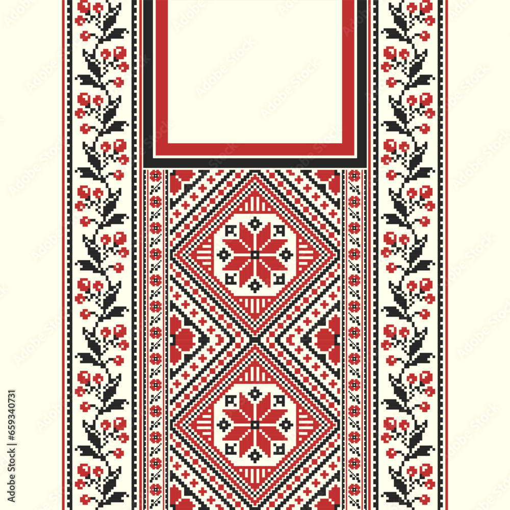 floral embroidery neckline background. ikat and cross stitch geometric seamless pattern ethnic oriental traditional. Aztec style illustration design for carpet, wallpaper, clothing, wrapping, batik.	