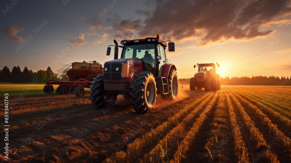 Tractors and workers on the agricultural field at evening time Tractors and workers on the agricultural field at evening time