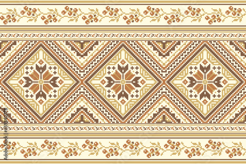 flower embroidery on cream background. ikat and cross stitch geometric seamless pattern ethnic oriental traditional. Aztec style illustration design for carpet, wallpaper, clothing, wrapping, batik.	
