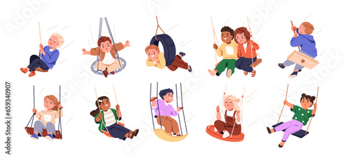 Happy kids swinging set. Little child, boys and girls having fun, joy outdoors. Cute children laughing, sitting on tire, plank with rope. Flat graphic vector illustrations isolated on white background