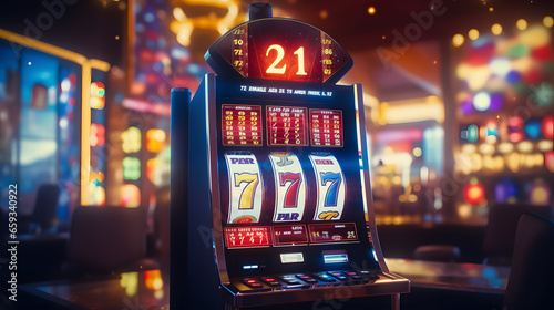 Slot Machine showing wins the Jackpot with 777 numbers photo