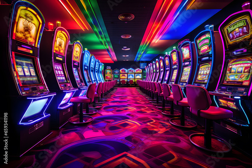 Rows of Colorful Slot Machines in a Casino Hall photo