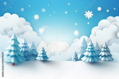 Christmas Papercraft 3D Pine Tree Snowflake Cloud, Blue Sky