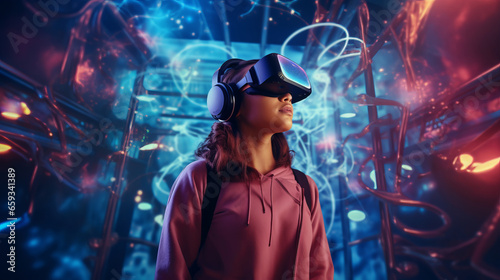 Augmented reality. Woman in futuristic neon room in VR glasses