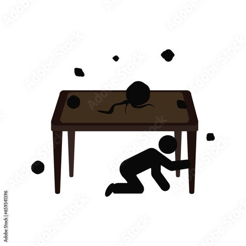 Earthquake safety precautions and measures. Hide under the table. Falling plaster and building. Vector, illustration.