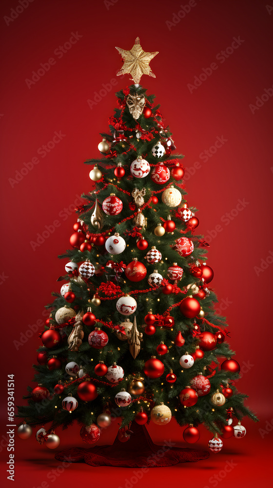 Merry Christmas. Christmas tree Decorated with ornaments and lights on a red background.