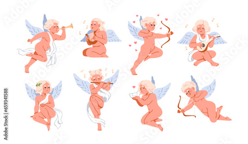 Baby angels set. Cute cupids, cherubs, little girls and boys flying with wings. Happy fairy children singing songs, playing music. Flat graphic vector illustrations isolated on white background