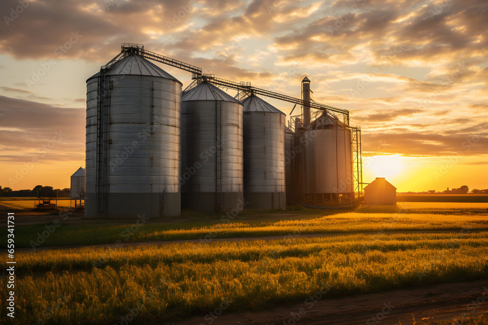 farm with granary at golden hour sunset farm with granary at golden hour sunset