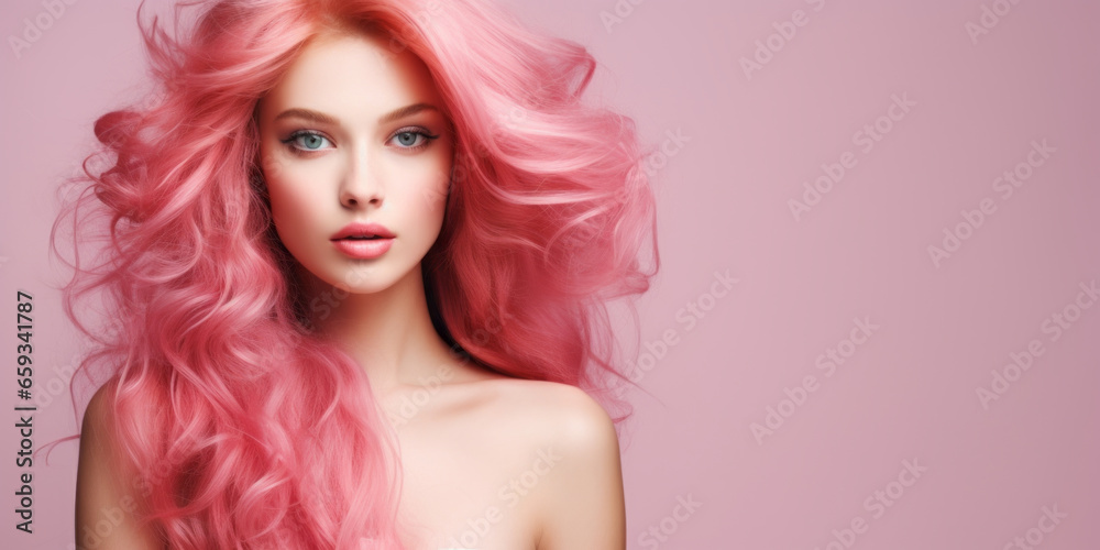 Beautiful model advertises pink hair color. Standing against wall