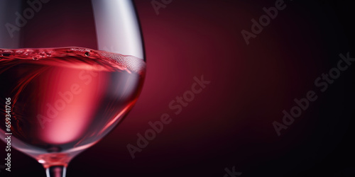 Close up of beautiful glass with swirling rose wine with space for copy