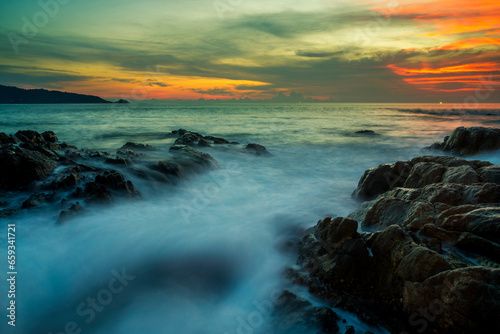 Seascape landscape nature with color of cloud sunset and sky, Green Reings Supreme, Trend color
